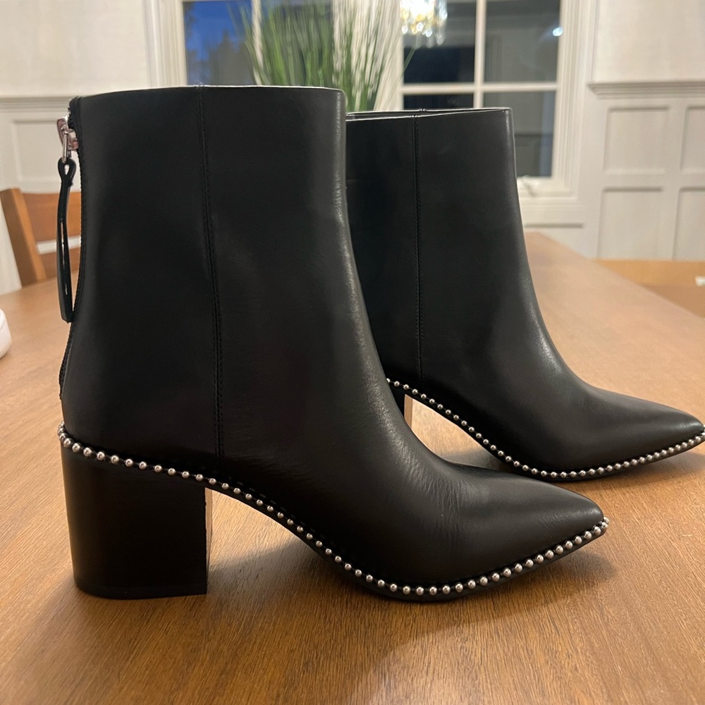 Steve Madden Black Heeled Boots with Pearl Accents (Olga Bootie)